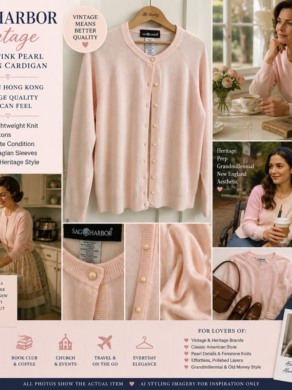 VTG Sag Harbor Cardigan L Baby Pink Pearl Button Hong Kong Heritage Preppy nwot
